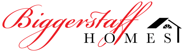 Logo for Biggerstaff Homes in red calligraphy, black letters and illustration of a roof, side and window of house